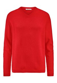 Rotes V-Ausschnitt-Pullover aus glattem Strickstoff. Lange Ärmel mit gerippten Bündchen und Saum, mit einem minimalistischen Design ohne Muster oder Akzente.