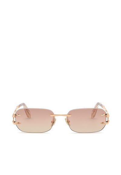Lunettes de soleil rectangulaires sans monture avec verres marron dégradés et détails métalliques dorés sur le pont et les branches.
