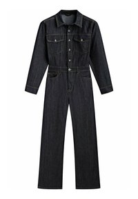 Ciemnoniebieski kombinezon z długim rękawem, zapinany na guziki, z kieszeniami na klatce piersiowej, kołnierzykiem i szerokimi spodniami.
