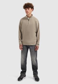 Beige, textuur, lange mouwen pullover met een halve ritssluiting, gecombineerd met grijze jeans en zwarte sport sneakers, gedragen door een jonge mannelijke model.