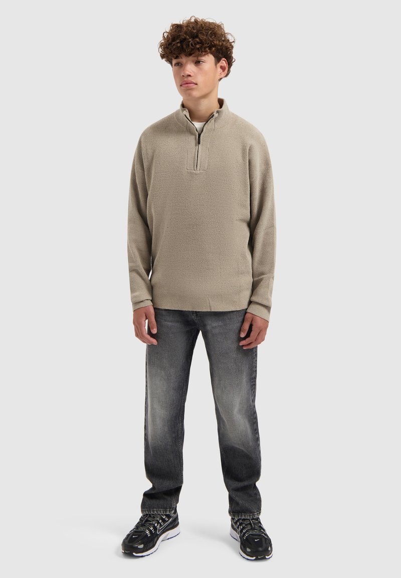 Beige, textuur, lange mouwen pullover met een halve ritssluiting, gecombineerd met grijze jeans en zwarte sport sneakers, gedragen door een jonge mannelijke model.