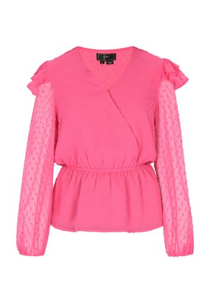 Pink blouse with a wrap design, featuring short ruffled sleeves and long sheer, textured sleeves. Elasticized waist with dotted pattern.