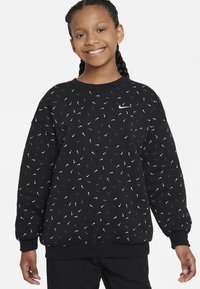 Felpa nera con modelli del logo Nike in bianco e grigio. Presenta un collo a giro e polsini e orlo a coste. Realizzata in tessuto morbido.