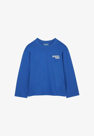 T-shirt bleu à manches longues en coton avec un col rond, présentant un logo blanc "KENZO PARIS" sur le devant et un design à la coupe décontractée.