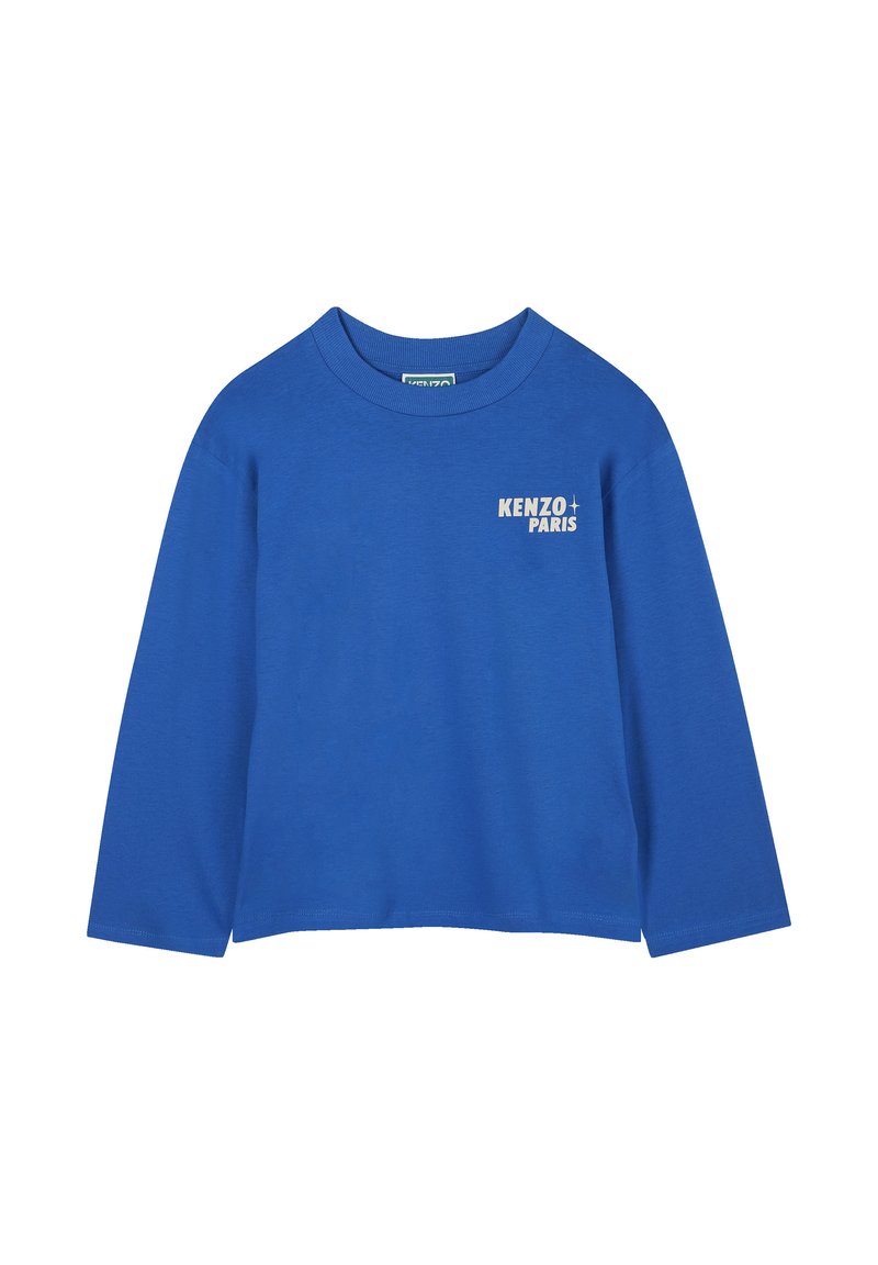T-shirt bleu à manches longues en coton avec un col rond, présentant un logo blanc "KENZO PARIS" sur le devant et un design à la coupe décontractée.