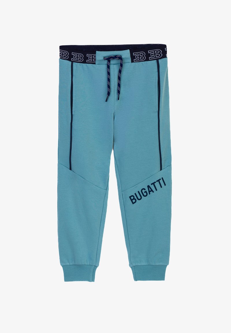 Pantaloni della tuta azzurro chiaro con vita blu navy, coulisse, tasche laterali e logo "BUGATTI" stampato sulla gamba sinistra. Tessuto morbido.