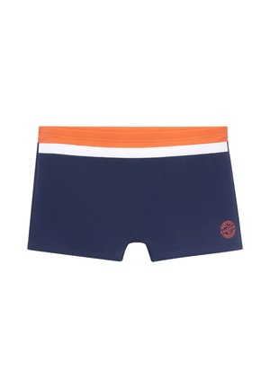 Marineblaue Schwimmshorts mit einem orangen Akzentbund. Verfügt über weiße und orange Streifen. Weiches, elastisches Material mit einem Logodetail an der Seite.