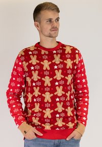 Red knit sweater featuring gingerbread man and snowflake patterns, with ribbed cuffs and hem, made of soft fabric for a festive look.
