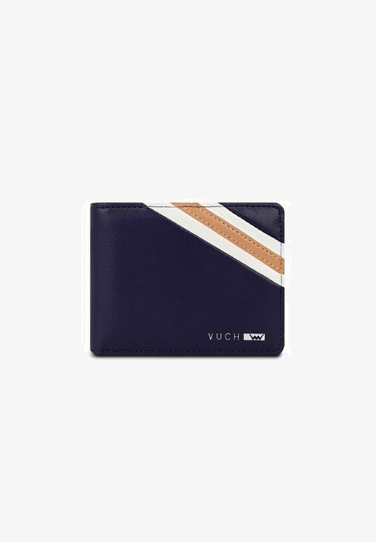 Navy leather wallet with diagonal white and tan stripes. Features embossed logo on the lower front. Compact and rectangular shape.