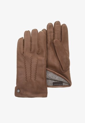 Smeđe kožne rukavice s tri dekorativne šavove na leđima, mekani sivi podstava i mala oznaka brenda unutra.