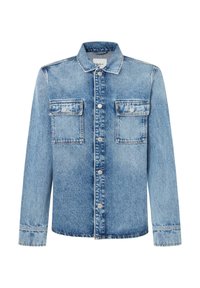 Chaqueta de mezclilla azul con mangas largas, cuello, cierre frontal de botones y dos bolsillos de solapa en el pecho con botones.