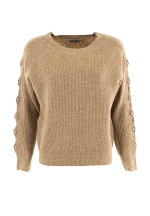 Suéter de punto color beige con cuello redondo y botones decorativos que recorren los lados exteriores de las mangas.