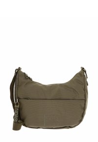 Borsa a spalla in tessuto khaki con forma curvata, chiusura con zip, tasca frontale, tracolla regolabile e logo impresso sul lato.