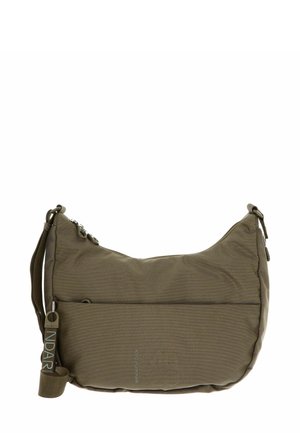 Borsa a spalla in tessuto khaki con forma curvata, chiusura con zip, tasca frontale, tracolla regolabile e logo impresso sul lato.