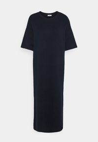 Robe midi noire à manches courtes, encolure ronde et coupe droite, présentée sur fond blanc uni.