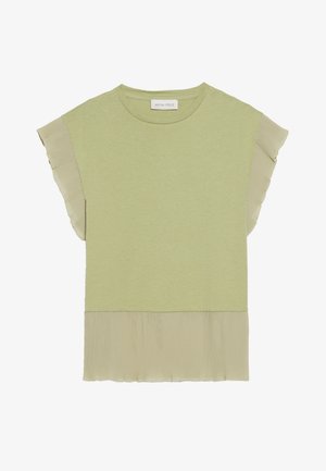 Light green short-sleeve top with a pleated chiffon hem. Soft cotton blend material with a round neckline and ruffled sleeves.