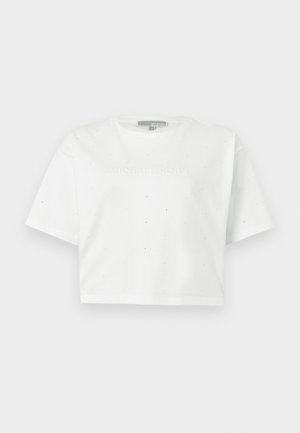 Weißes, kurz geschnittenes T-Shirt aus Baumwolle mit kurzen Ärmeln und geprägt "MICHAEL KORS" Logo auf der Vorderseite, mit subtiler Textur.