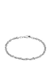 Bracciale in argento con link attorcigliati, chiusura a gancio e superficie liscia. Il design è semplice ma elegante.