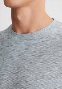Grijs gestreepte katoenen T-shirt met een ronde hals, met een subtiele textuur en een zachte, lichte uitstraling. Close-up van de kraag.