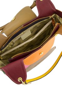 Multicolored leather handbag with a textured surface, featuring a zippered interior and multiple pockets. Gold hardware accents.