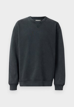 Dark gray sweatshirt with a crew neckline, long sleeves, ribbed cuffs, and a smooth texture. Features a subtle v-stitch detail at the neckline.