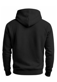 Black hoodie with a kangaroo pocket, ribbed cuffs and hem, textured fabric, and a drawstring hood, viewed from the back.