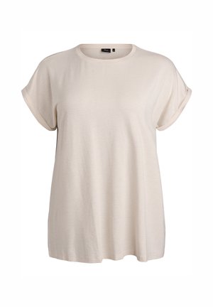 Beige T-shirt med korte ærmer og subtile horisontale striber samt opsmøgede manchetter, med rund halsudskæring.