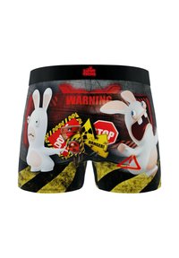 Boxers pour hommes avec une ceinture élastique noire. Présentent des lapins de dessin animé, des panneaux d'avertissement et des bandes de danger jaunes. Fabriqués en tissu doux.