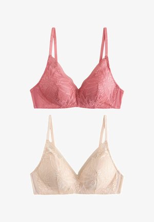 Deux soutiens-gorge en dentelle avec bretelles réglables, l'un en rose poudré et l'autre en beige clair, tous deux ornés de motifs floraux et de bonnets souples.