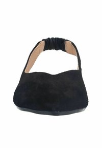 Zwarte suede ballerina's met een ronde neus en een elastische achterkant voor een veilige pasvorm. De zool is plat en glad, ontworpen voor comfort.