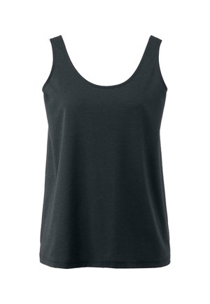 Schwarzes ärmelloses Tanktop aus weichem Material, mit rundem Ausschnitt und lockerer Passform ohne zusätzliche Muster oder Beschläge.