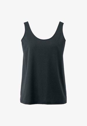 Schwarzes ärmelloses Tanktop aus weichem Material, mit rundem Ausschnitt und lockerer Passform ohne zusätzliche Muster oder Beschläge.