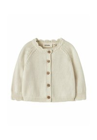 Cardigan lavorato a maglia color crema con colletto a volant, bottoni in legno e polsini a coste. Presenta un design classico e una texture morbida.