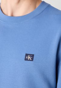 Personne portant un t-shirt bleu à col rond avec un petit patch logo Calvin Klein bleu marine et blanc sur la poitrine.
