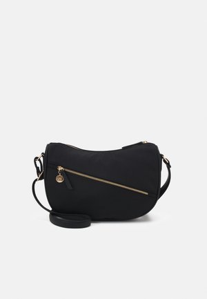 Black crescent-shaped crossbody bag with diagonal gold zipper pocket and adjustable strap on a white background.