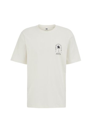 Weißes T-Shirt mit kurzen Ärmeln, kleinem schwarzen Palmen-Motiv und Schriftzug "Leisure Court Club" auf der linken Brust.