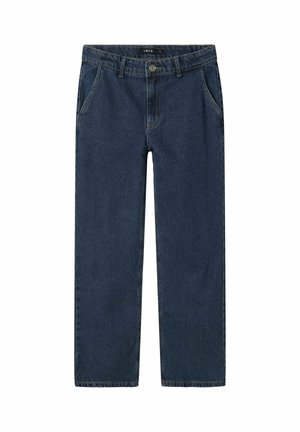 Jean en denim bleu foncé avec une coupe droite, comprenant cinq poches, une fermeture par bouton, et des détails de coutures orange contrastantes.