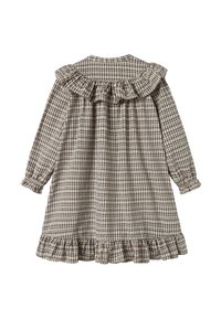 Robe à carreaux brune avec un col volanté et des manches longues, dotée d'un ourlet évasé et de poignets élastiques.