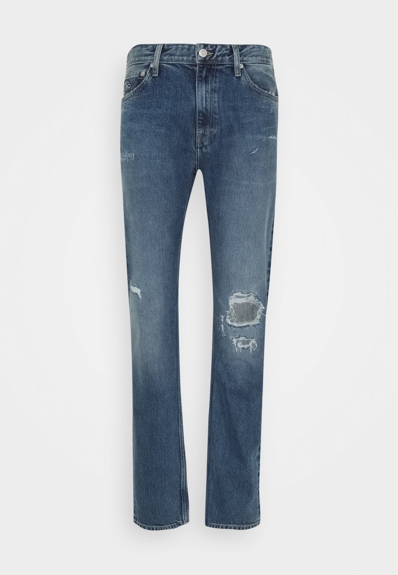 Blaue Jeans aus Denim mit geradem Schnitt, versehen mit Used-Details und Rissen. Klassisches Design mit fünf Taschen, abgeschlossen mit einem Metallknopfverschluss.