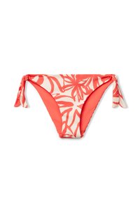 Bañador de bikini de estampado floral rojo con lazos laterales, que presenta un fondo crema y un material suave y elástico para mayor comodidad.