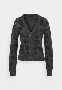 Cardigan grigio scuro con scollo a V, impreziosito da macchie leopardate di paillettes nere, con chiusura a bottoni e polsini a coste sulle maniche.