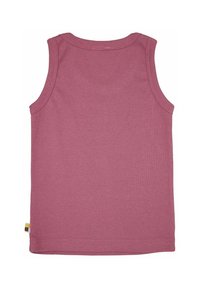 Ärmelloses pinkes Tanktop aus weichem Stoff, mit rundem Ausschnitt und einfacher Nähte, Etikett befindet sich in der unteren linken Ecke.