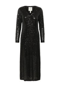 Robe en sequins noirs avec des manches longues et un décolleté en V, présentant une silhouette longue et une texture lisse et brillante.