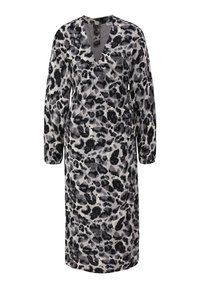Langärmliges Kleid mit einem schwarz-grauen Leopardenmuster. Verfügt über einen V-Ausschnitt, einen Wickeldesign und Knopfdetails an der Seite. Hergestellt aus weichem Stoff.