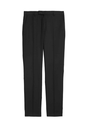 Pantaloni neri realizzati in un tessuto dalla texture liscia, caratterizzati da un design a gamba dritta, tasche frontali e una vita classica.