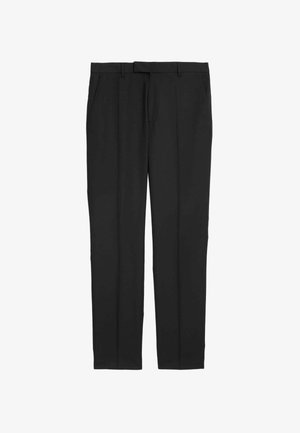Black trousers made of fabric with a smooth texture, featuring a straight-leg design, front pockets, and a classic waistband.