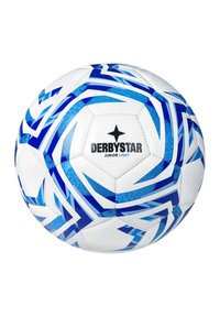 Pallone da calcio bianco con motivi geometrici blu, marchiato "DERBYSTAR JUNIOR LIGHT." Superficie liscia con pannelli esagonali e finitura testurizzata.