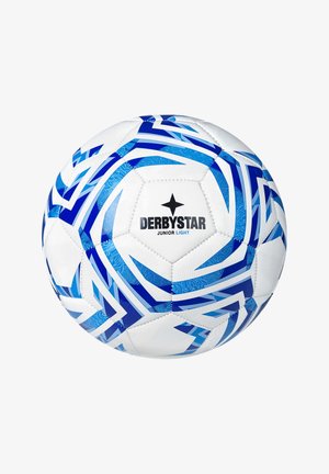Weißer Fußball mit blauen geometrischen Mustern, markiert mit "DERBYSTAR JUNIOR LIGHT." Glatte Oberfläche mit sechseckigen Paneelen und einer strukturierten Verarbeitung.