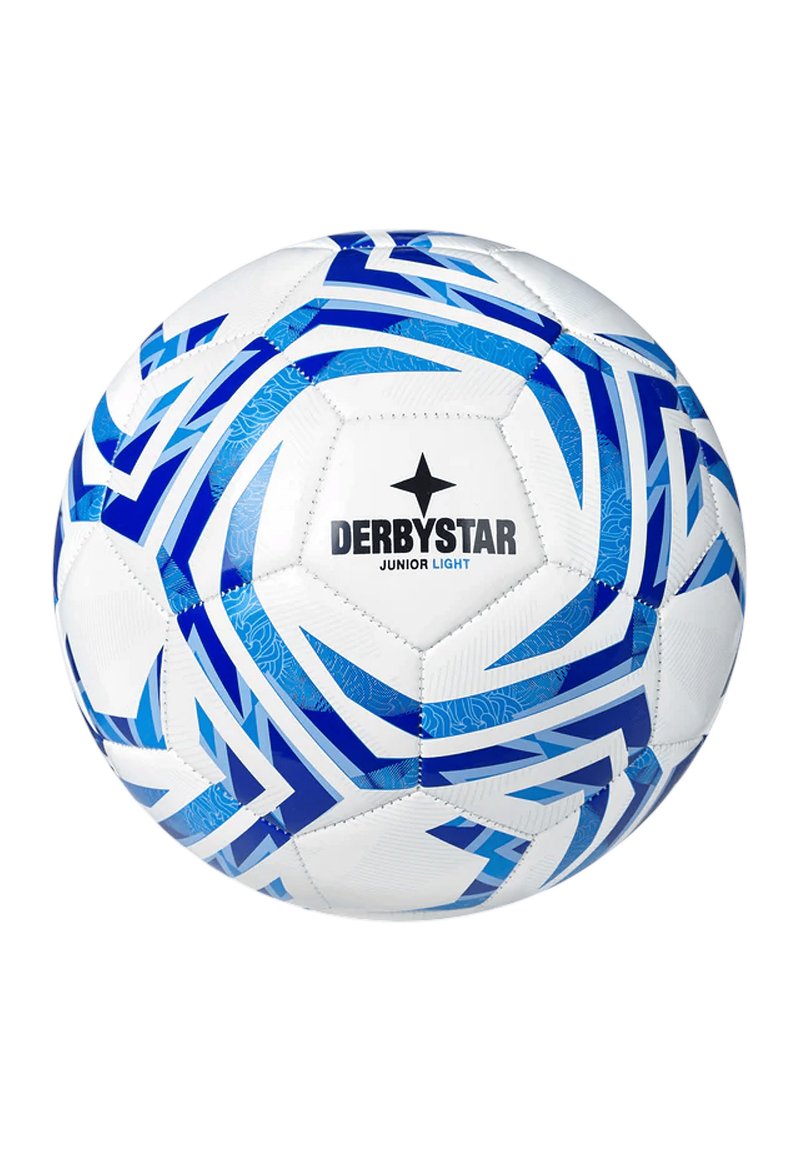 Pallone da calcio bianco con motivi geometrici blu, marchiato "DERBYSTAR JUNIOR LIGHT." Superficie liscia con pannelli esagonali e finitura testurizzata.