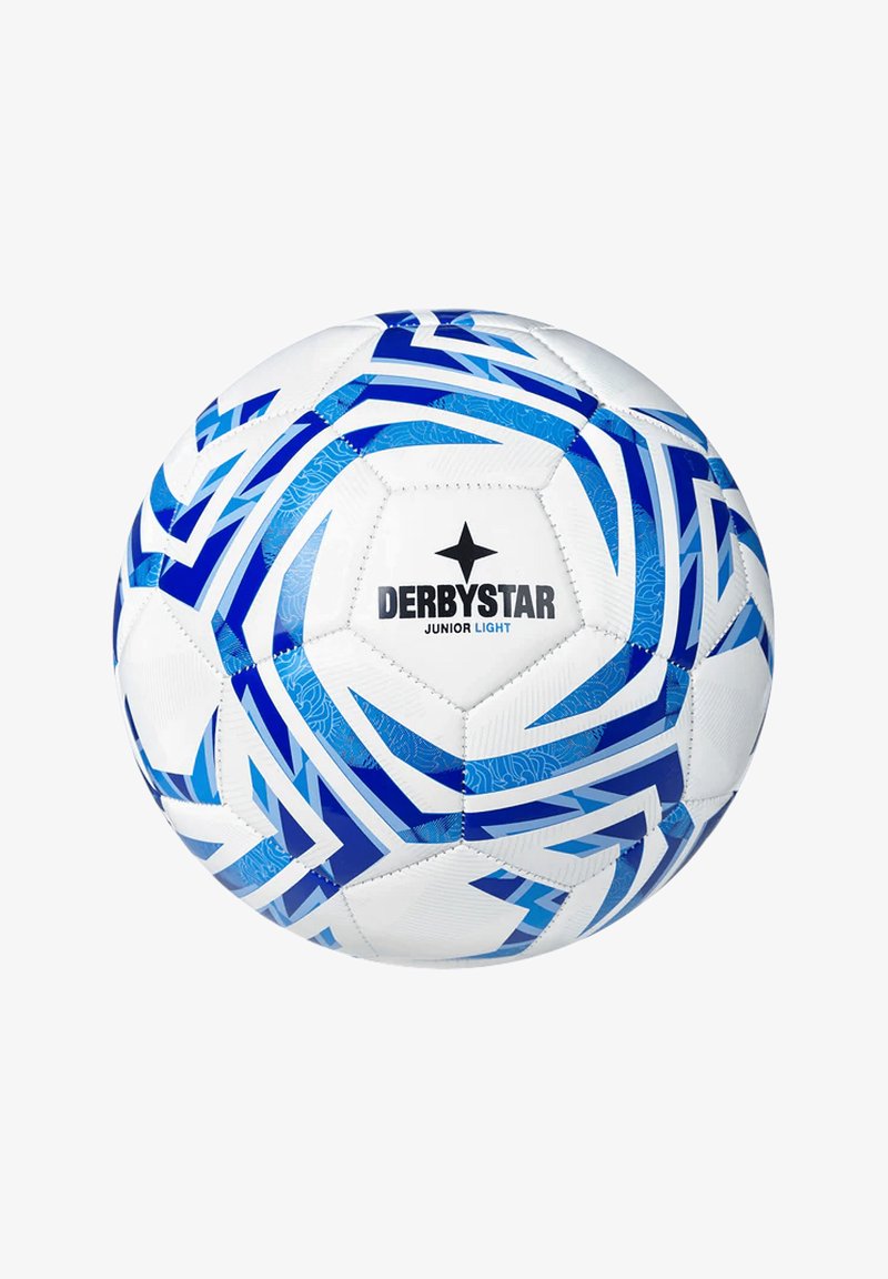 Pallone da calcio bianco con motivi geometrici blu, marchiato "DERBYSTAR JUNIOR LIGHT." Superficie liscia con pannelli esagonali e finitura testurizzata.